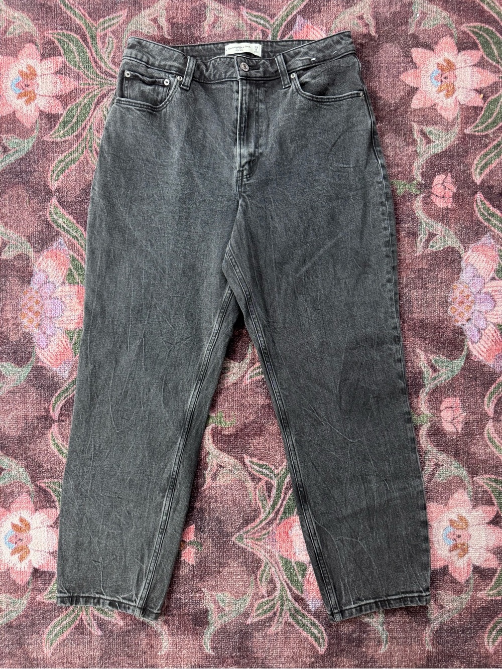 A&F Mom High-Rise Curve Love Straight Leg Distressed Black Denim Jeans - 29 / 8